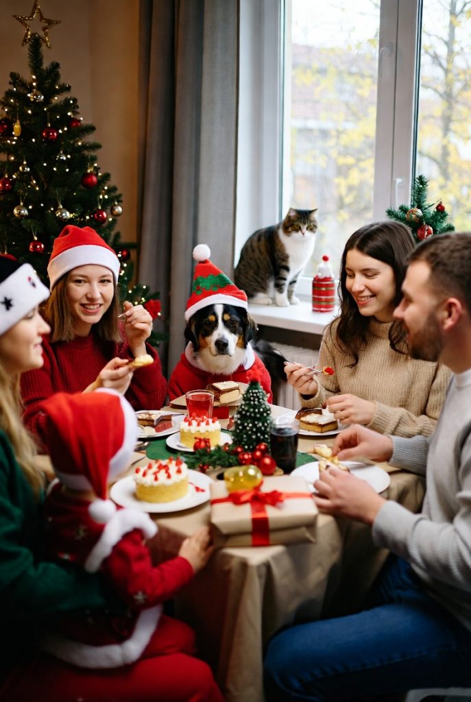 Family with pets at Christmas