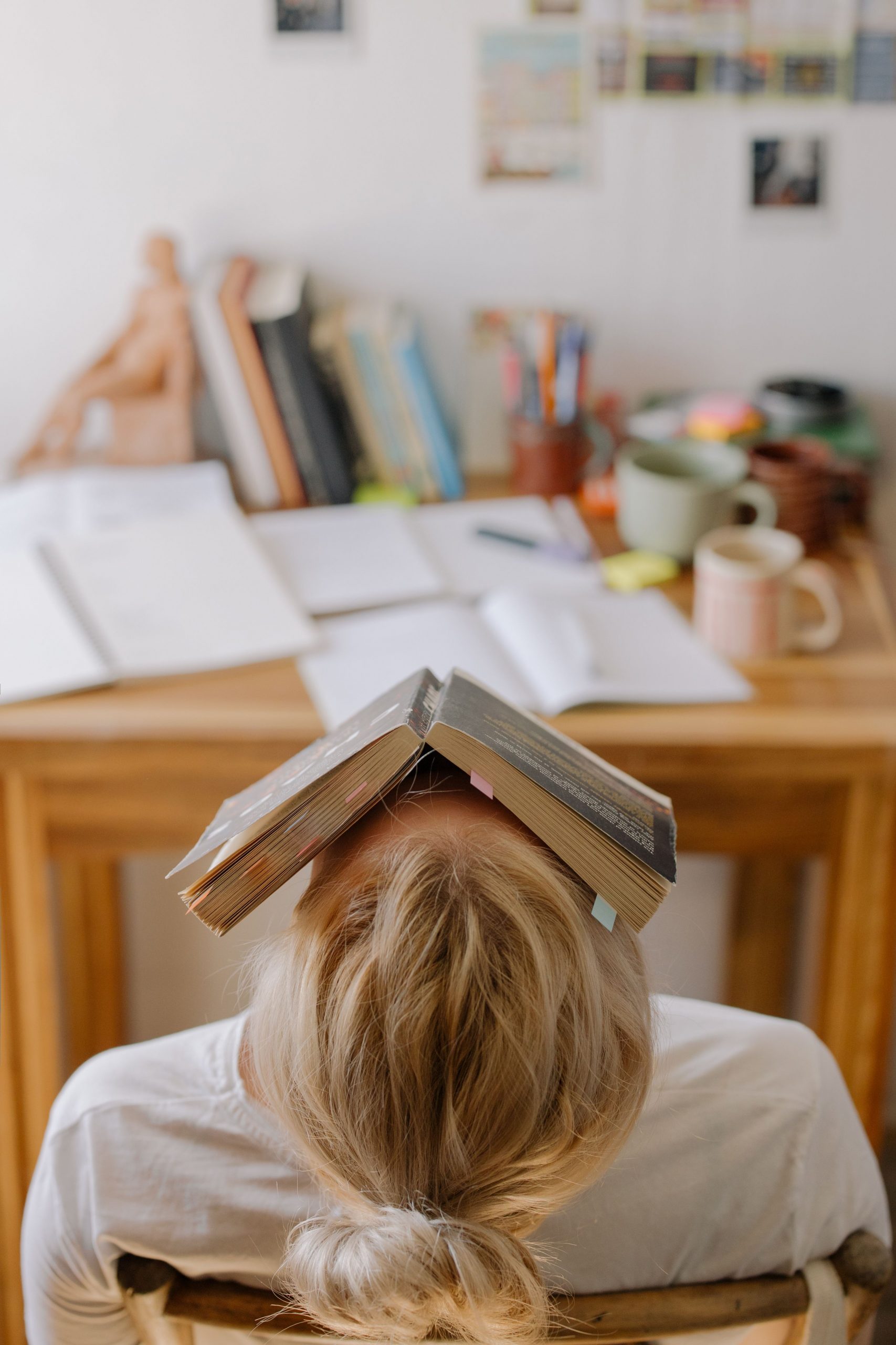 A stressed out student with a book over her face