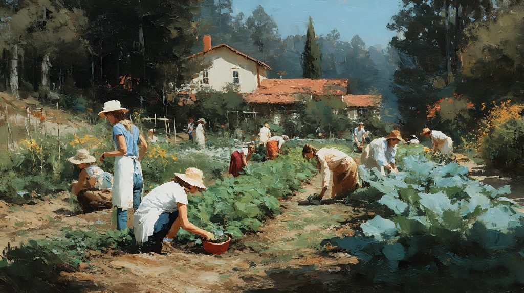 An oil painting of women in the field harvesting crops in front of an old farm building