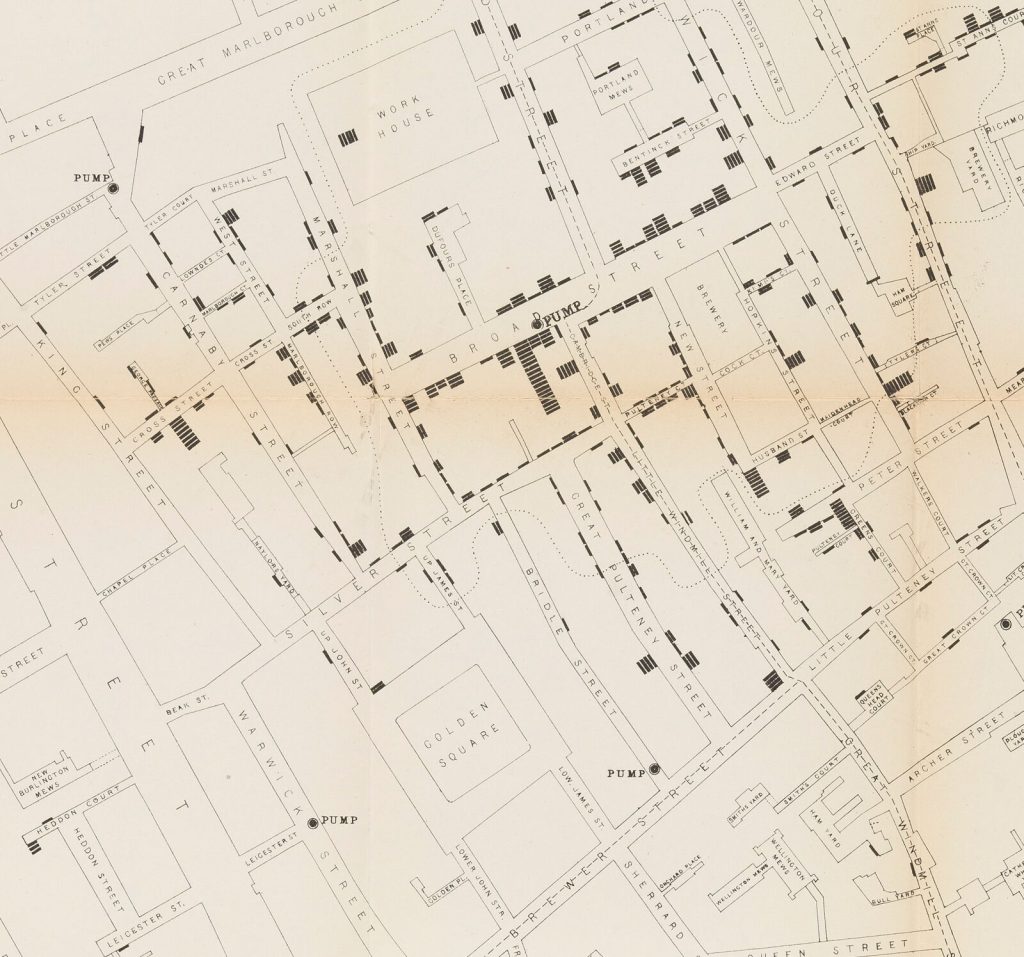 John Snow’s map of the 1854 cholera deaths, showing Golden Square near the Broad Street pump