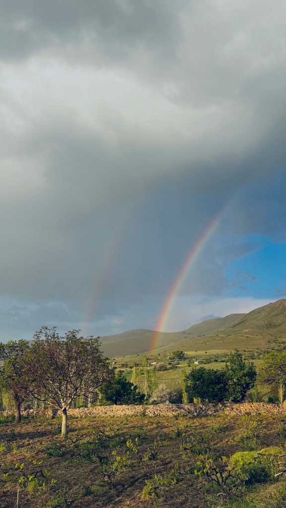 Two rainbows, one brighter than the other, over Scottish countryside